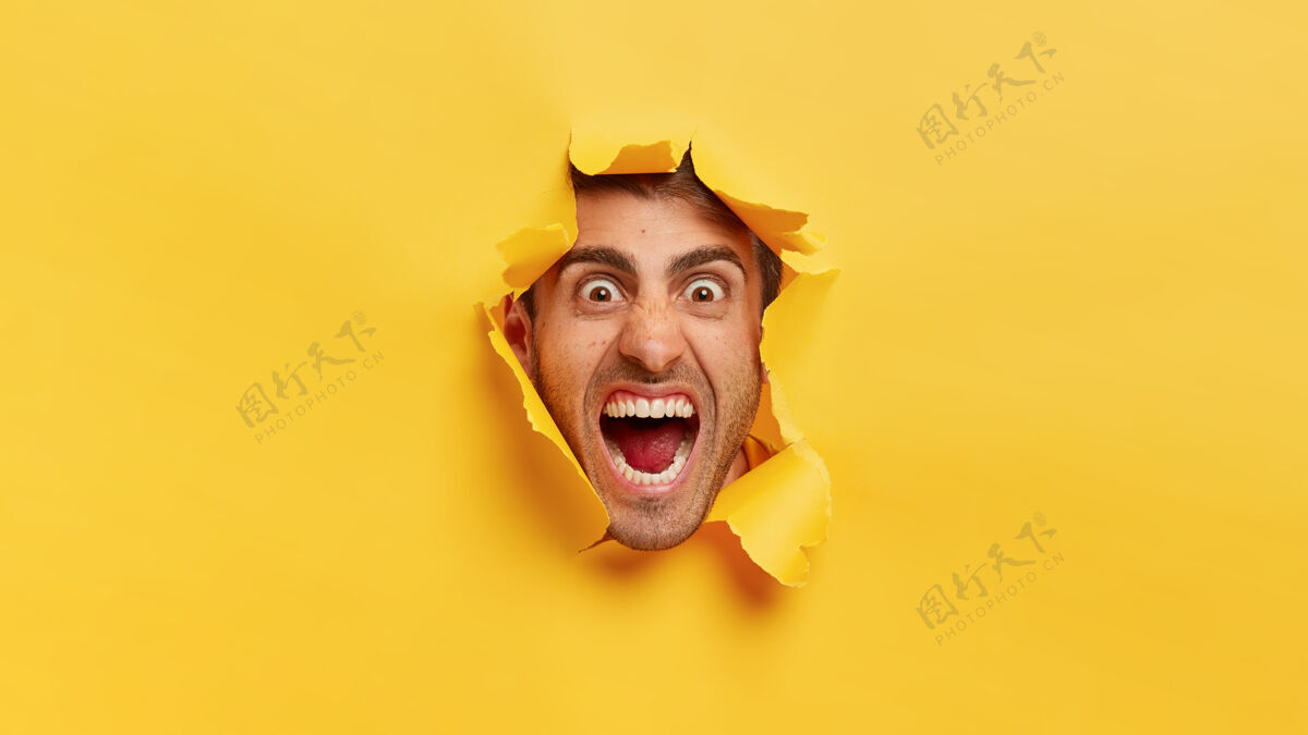 水平愤怒的男人脸穿过黄色的纸洞愤怒的男人把头伸过撕破的背景尖叫反应昏迷