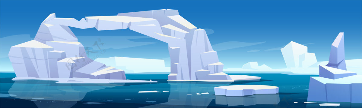 冰封北极景观与融化的冰山和冰川漂浮在海中全球警告和气候变化的概念在蓝色的海水极地或南极冰卡通插图冰冻海洋雪