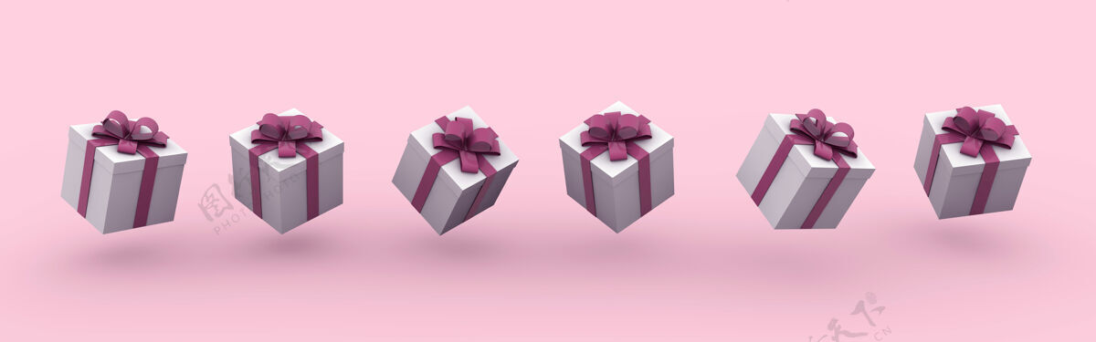周年纪念粉红色背景上带蝴蝶结的礼品盒的三维渲染插图纸板单身3d
