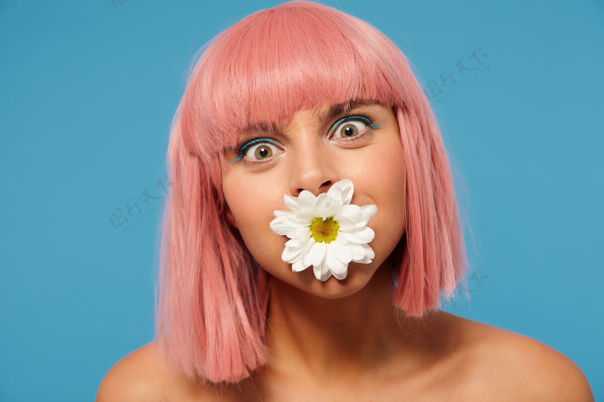 姿势一个年轻漂亮的粉红色头发的女人 留着短发 围着她绿色的眼睛看镜头 站在蓝色的背景上 嘴里叼着白色的花积极20秒箭