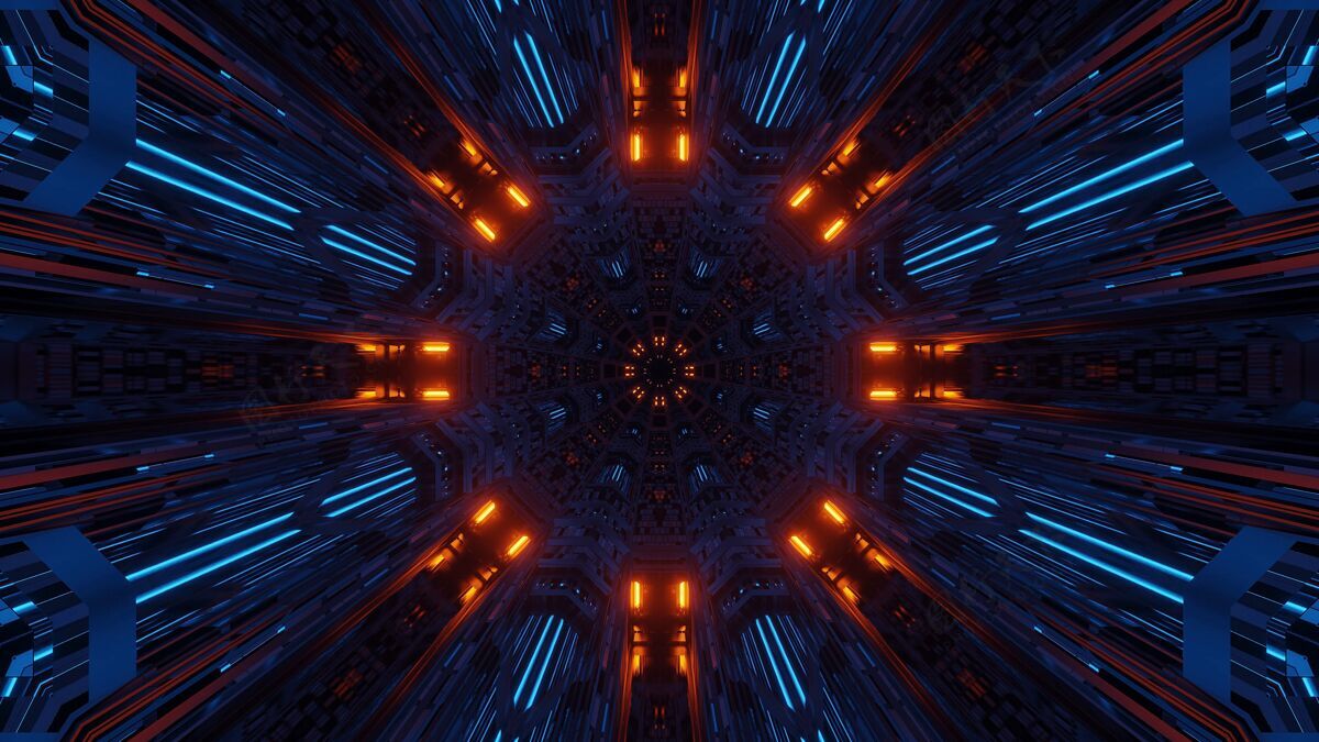 对称未来对称和反射抽象空间与橙色和蓝色霓虹灯灯光现代图案