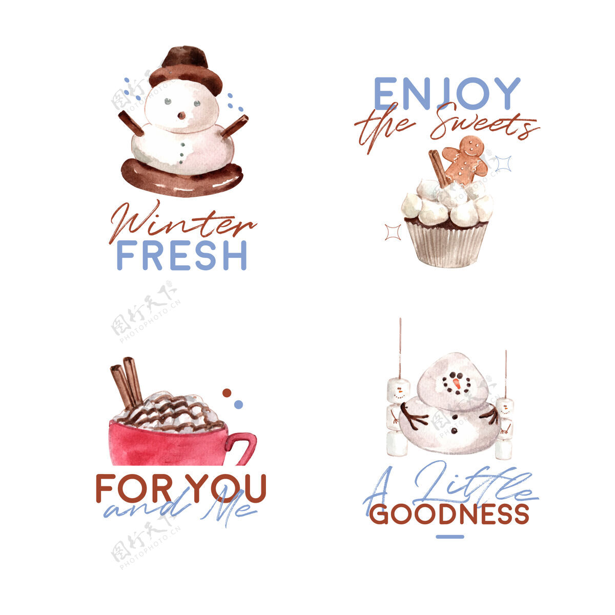 品牌标志设计与冬季糖果在水彩画风格收藏庆祝食物