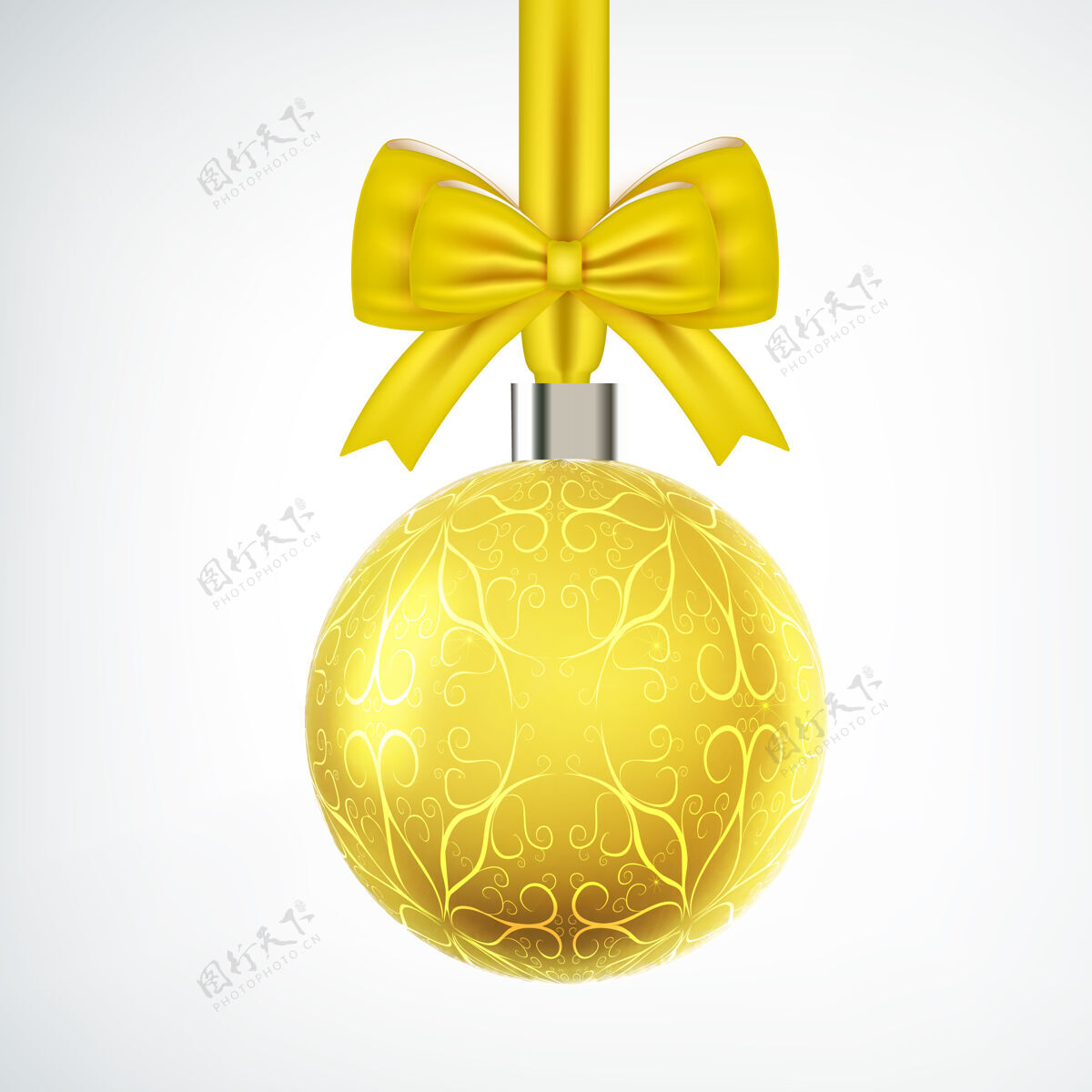 逼真明亮的黄色圣诞饰品 白色丝带蝴蝶结地球仪装饰圣诞树