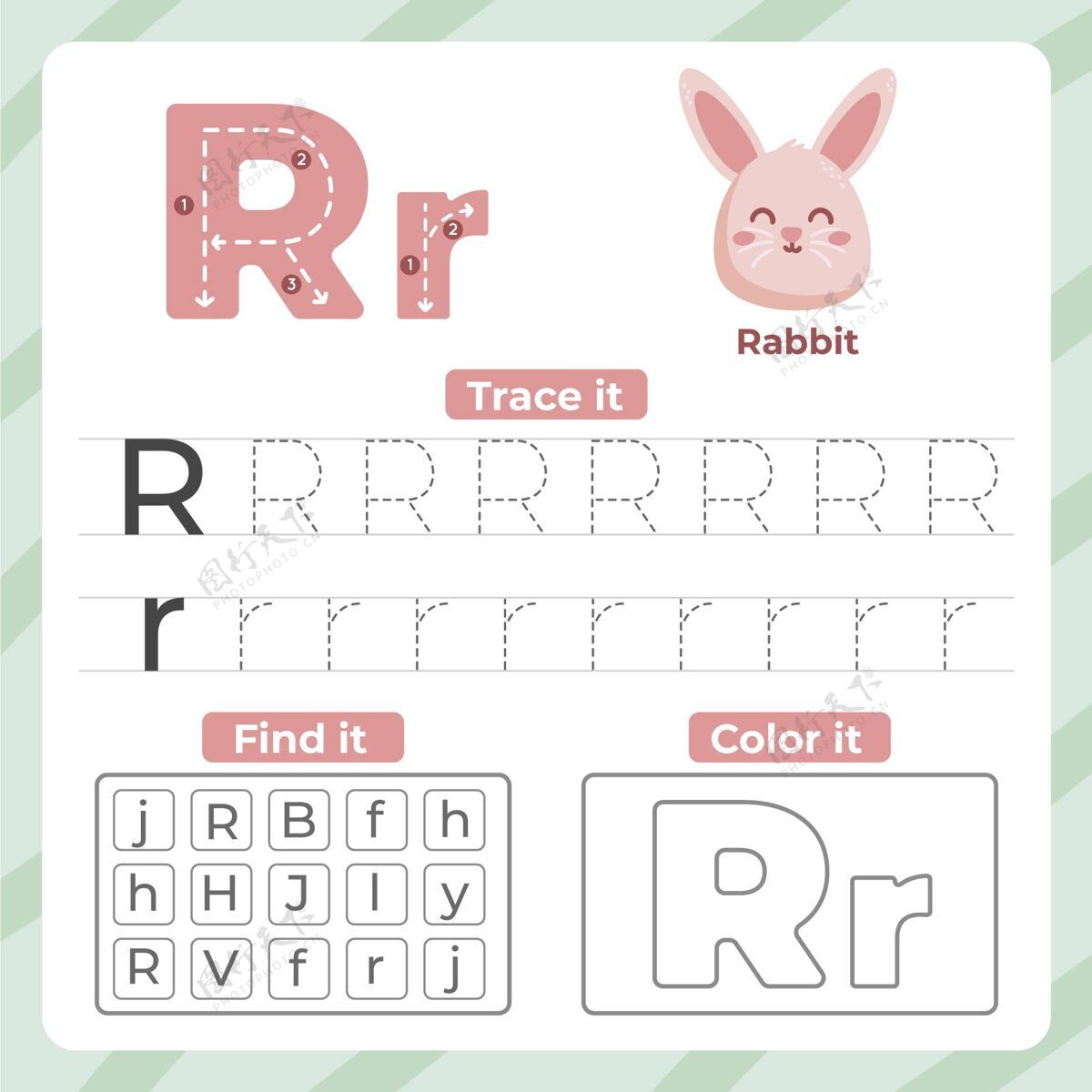 字母表带兔子的字母r孩子准备印刷