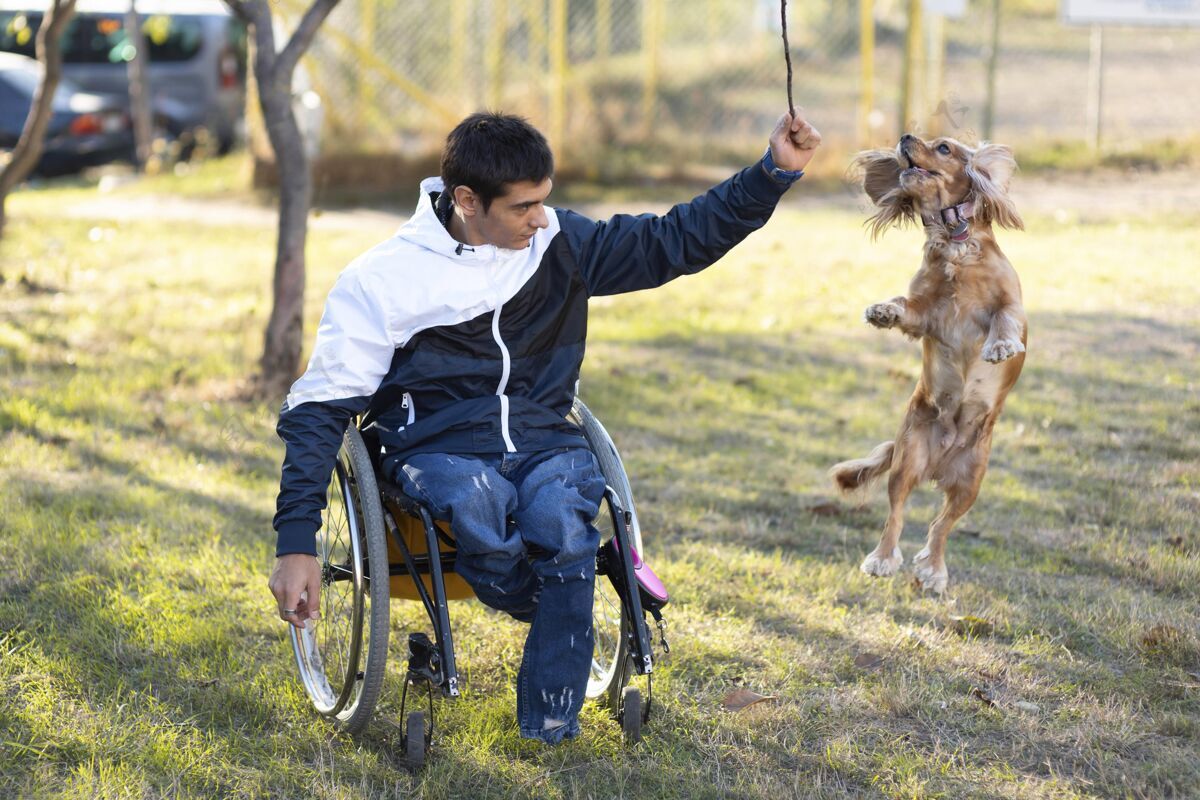 可爱全镜头残疾人玩狗坐着轮椅残疾