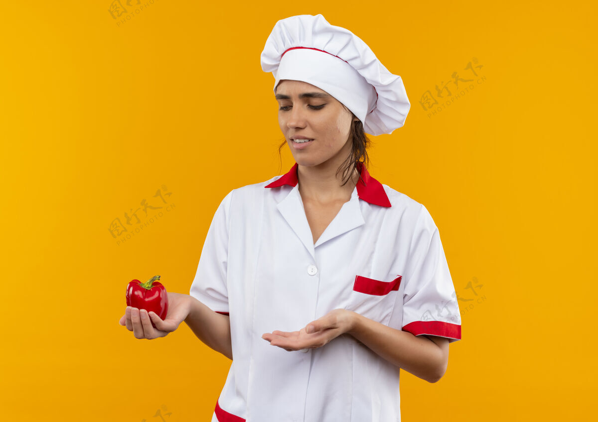 手未出租的年轻女厨师穿着厨师制服拿着和展示手番茄与复制空间穿着制服拿着