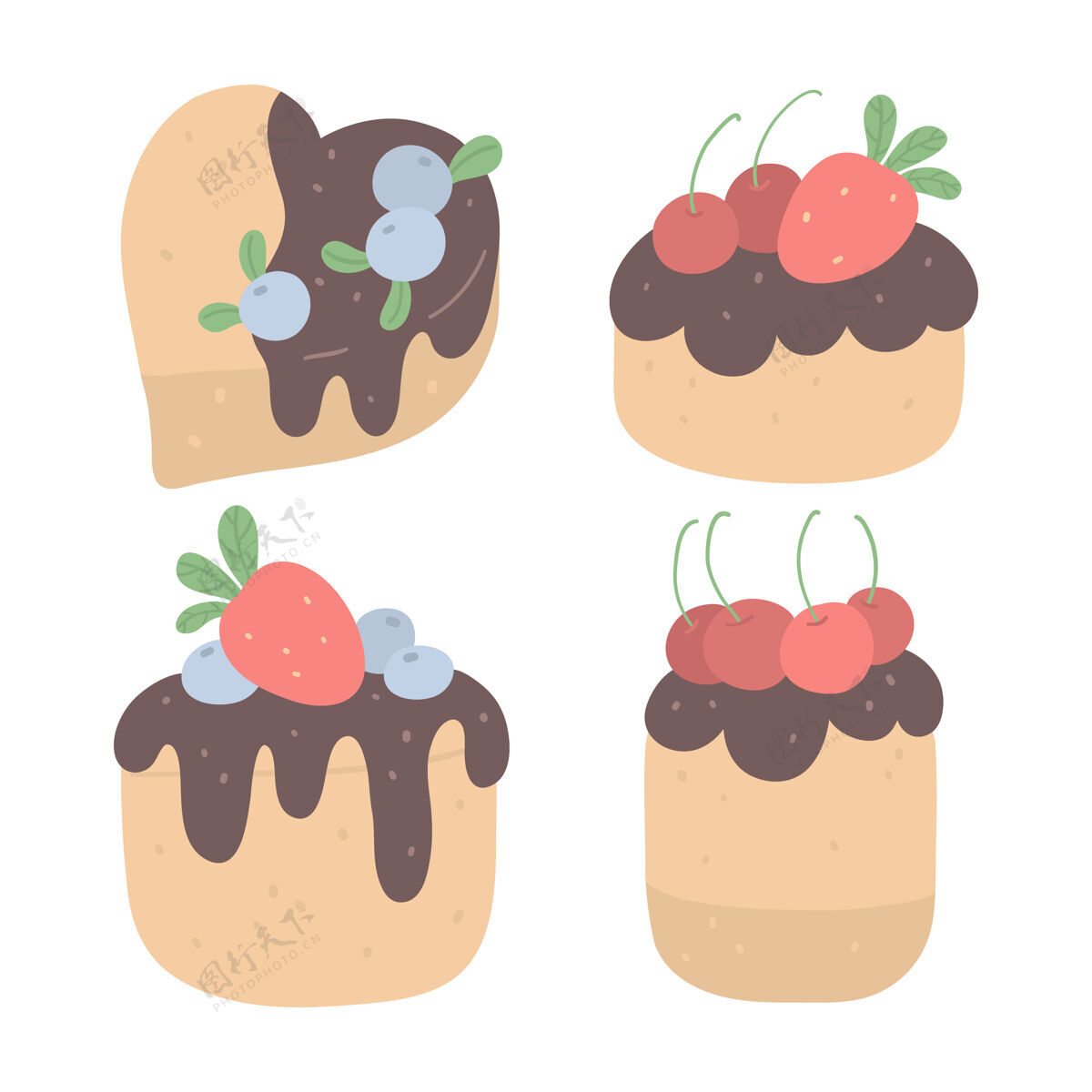 涂鸦一套草莓 蓝莓和巧克力蛋糕水果套装蛋糕