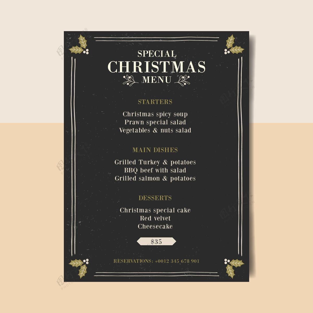 十二月复古圣诞菜单模板印刷传统菜单